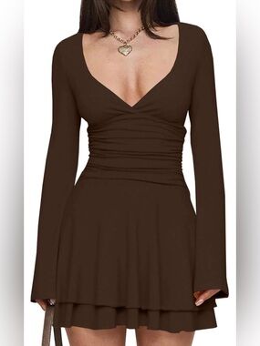 V Neck Ruffle Hem Mini Dress Long Sleeves Ruched Waist